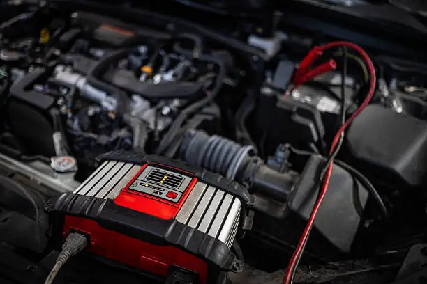 Mies kytkemässä hyvää akkulaturia auton akkuun talvella