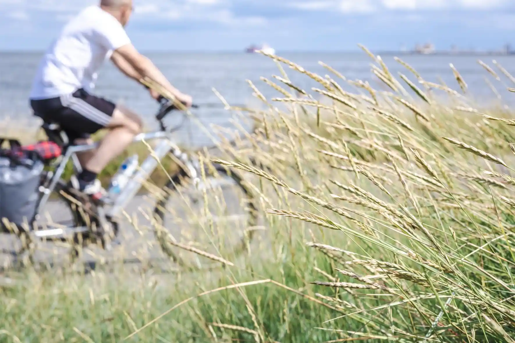 Mies ajaa sähköpyörällä rannikolla nauttien maisemista