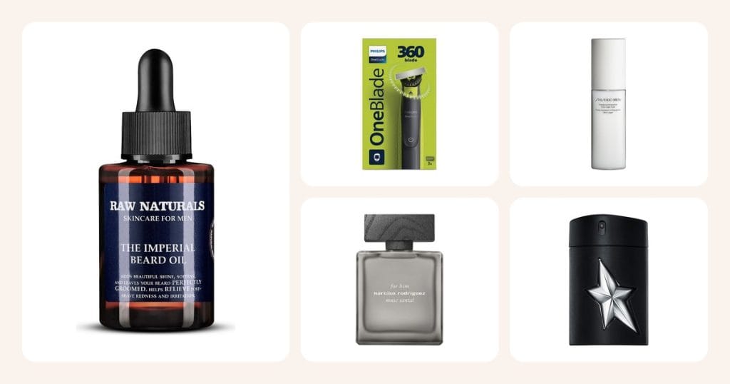 Lahjaideat: The Imperial Beard Oil 50 ml, OneBlade Face 360 Black/Green, Energizing Moisturizer Extra Light Fluid 100 ml, For Him Musc Santal Eau de Parfum Intense 50 ml, A*Men Eau de Parfum 100 ml