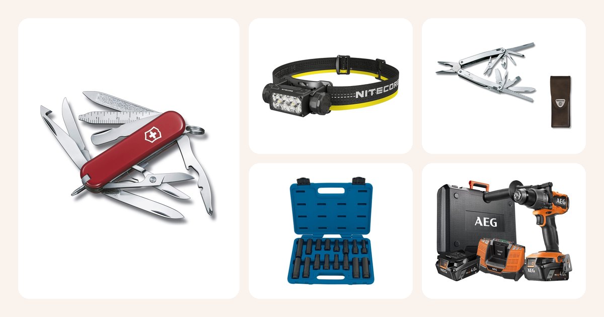 Lahjaideat: Minichamp-monitoimityökalu, Victorinox, Otsalamppu HC65 UHE, 2000 lm, Nitecore, SwissTool Spirit X nahkakotelossa, Victorinox, Hylsysarja lukkomuttereille, Laser ym.