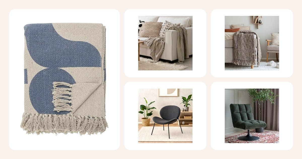 Lahjaideat: Bloomingville Agno torkkupeitto 160x130 cm beige/sininen, Kaari torkkupeitto 130x170 cm hiekka, Fanni K Roihu torkkupeitto 125x150 cm hiekka, Flint nojatuoli harmaa ym.