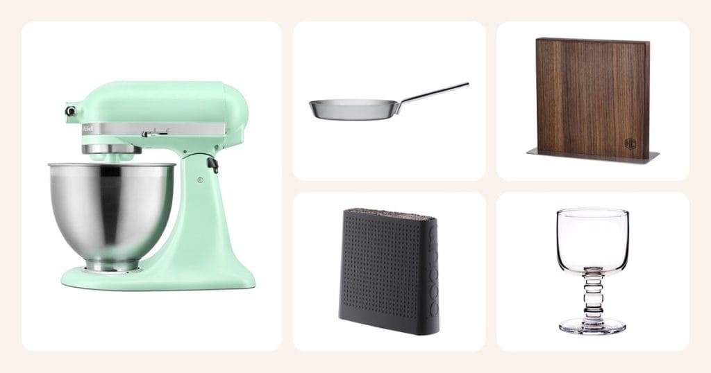 Lahjaideat: KitchenAid Artisan 5KSM195 yleiskone 4,7 L Spearmint, Iittala Tools paistinpannu 28 cm, Hexclad veitsitukki Pähkinäpuu, Bodum Bistro veitsitukki musta ym.