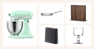 Lahjaideat: KitchenAid Artisan 5KSM195 yleiskone 4,7 L Spearmint, Iittala Tools paistinpannu 28 cm, Hexclad veitsitukki Pähkinäpuu, Bodum Bistro veitsitukki musta ym.