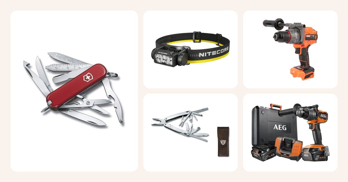 Lahjaideat: Minichamp-monitoimityökalu, Victorinox, Otsalamppu HC60 UHE, 1600lm, Nitecore, Akkuporakone 150 Nm apukahvalla, Robota, SwissTool Spirit X nahkakotelossa, Victorinox ym.