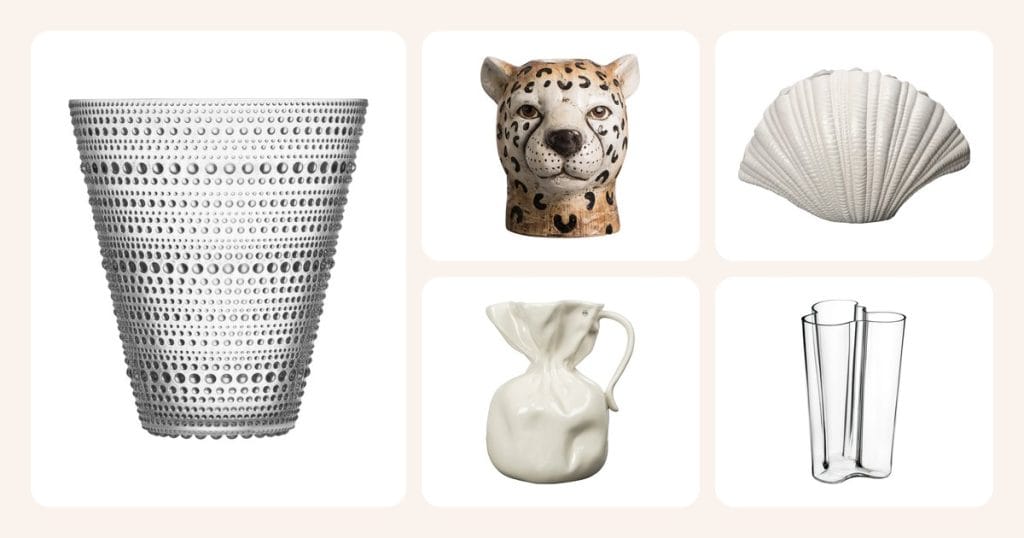 Vertailussa: Iittala Kastehelmi maljakko kirkas, Byon Gepard maljakko suuri, Byon Shell maljakko Valkoinen, Byon Crumple maljakko Valkoinen, Iittala Alvar Aalto Maljakot Kirkas, 251 mm