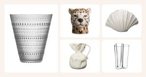 Vertailussa: Iittala Kastehelmi maljakko kirkas, Byon Gepard maljakko suuri, Byon Shell maljakko Valkoinen, Byon Crumple maljakko Valkoinen, Iittala Alvar Aalto Maljakot Kirkas, 251 mm