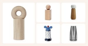 Vertailun maustemyllyt: OYOY Hoop maustemylly Nature, Applicata Twist maustemylly Tammi, Kähler Hammershøi maustemylly iso valkoinen, Alessi pippurimylly sininen-ruostumaton teräs ym.