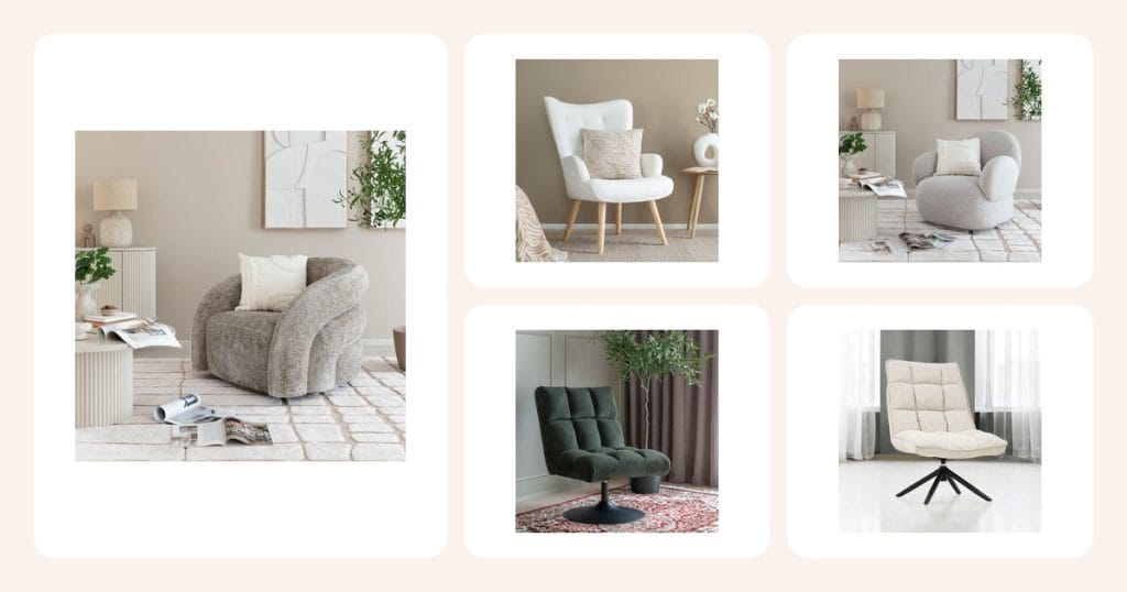 Vertailussa: House Nordic Valletta pyörivä nojatuoli beige HN1251, Vivano Ohto lepotuoli, Teddy valkoinen, House Nordic Messina pyörivä nojatuoli vaaleanharmaa HN1253 ym.