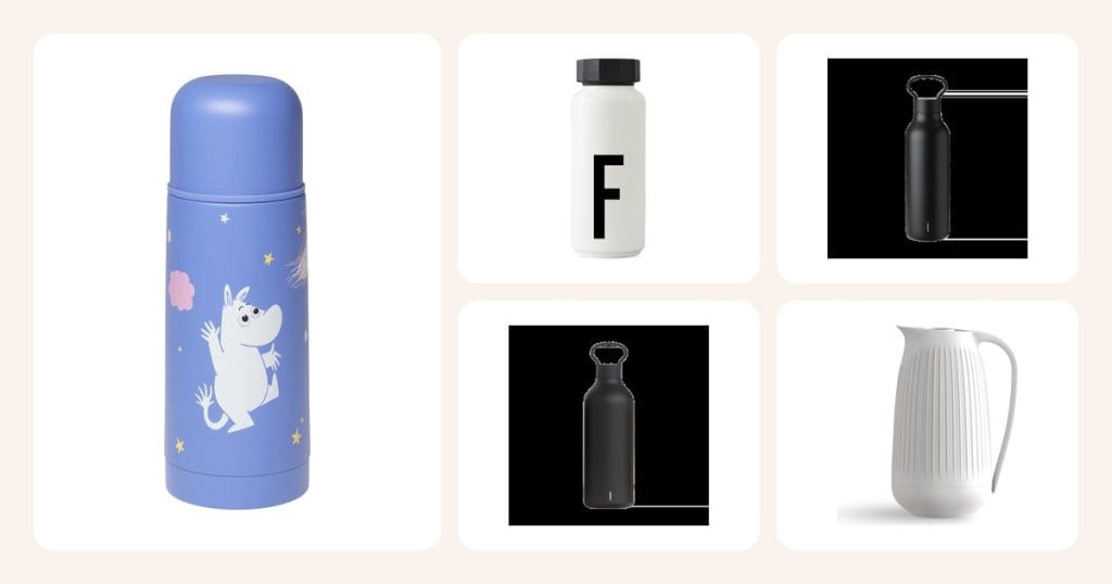 Vertailun termospullot: Moomin Arabia Muumit-termospullo Avaruusseikkailu, Design Letters AJ Vintage termospullo F, Stelton Tabi termospullo 0,55 L Black, Stelton Tabi termospullo 1 L Black ym.