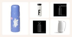 Vertailun termospullot: Moomin Arabia Muumit-termospullo Avaruusseikkailu, Design Letters AJ Vintage termospullo F, Stelton Tabi termospullo 0,55 L Black, Stelton Tabi termospullo 1 L Black ym.