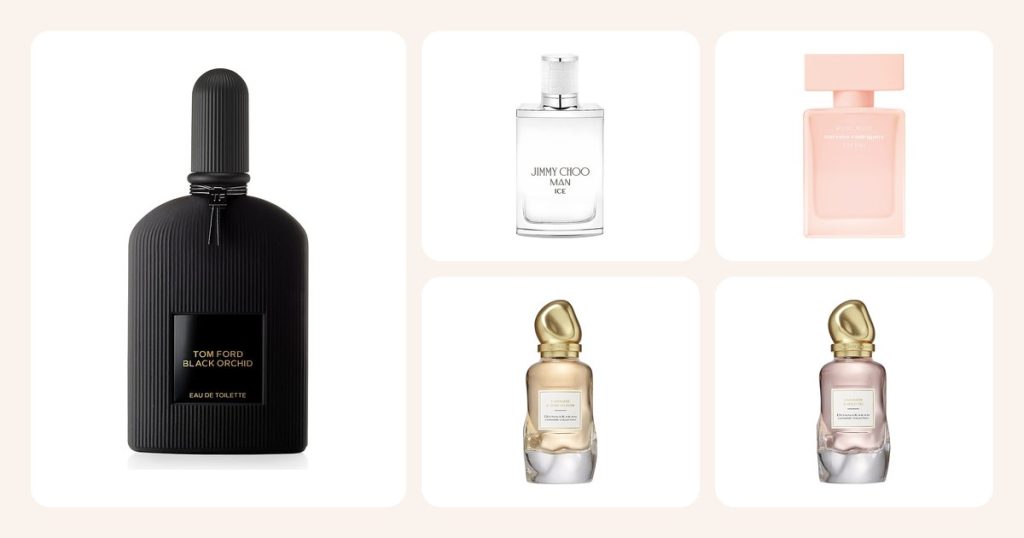 Vertailussa: Black Orchid Eau de Toilette 50 ml, Man Ice Eau de Toilette 50 ml, Musc Nude For Her Eau de Parfum 30 ml, Cashmere & Tiare Flower Eau de Parfum 100 ml ym.